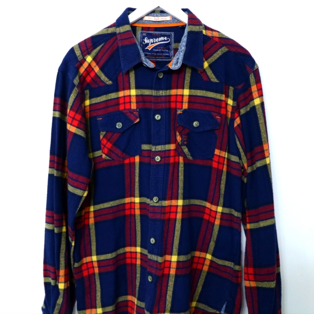 Supreme Men's Blue Yellow Red Plaid Flannel Button Down Shirt Size XL